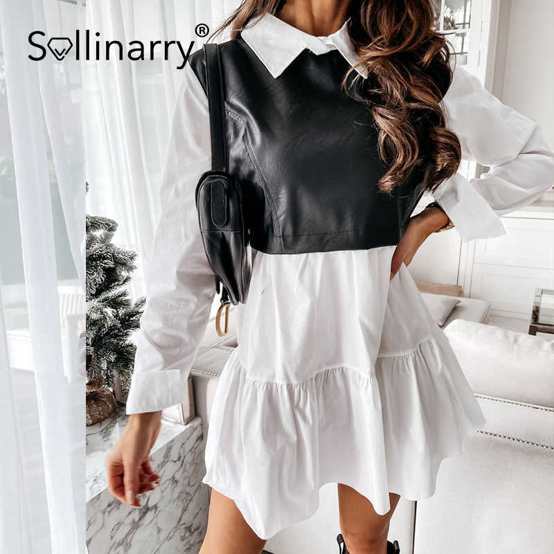 

Sollinarry Chic fake two piece stitching women dress Elegant shirt collar ruffle dress Spring summer high street aline dress 210709, Black