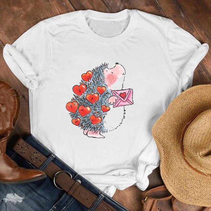 

cute hedgehog print and women mens t shirt short sleeve o neck loose tee female clothes camisetas mujer, White;black