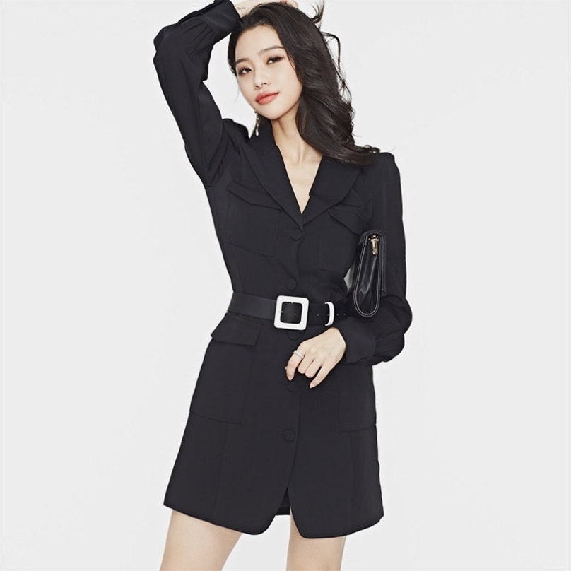 

winter OL Blazer Dresses korea ladies Long Sleeve single-breasted Fahsion Office for women Formal Clothing 210602, Black (send belt)