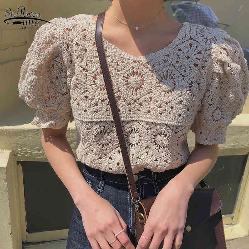 

Korean Clothes Vintage Summer Tops Women Puff Sleeve Hollow Out Shirt Female Retro Perspective Lace Blouse Blusas 9591 210521, Dark blue