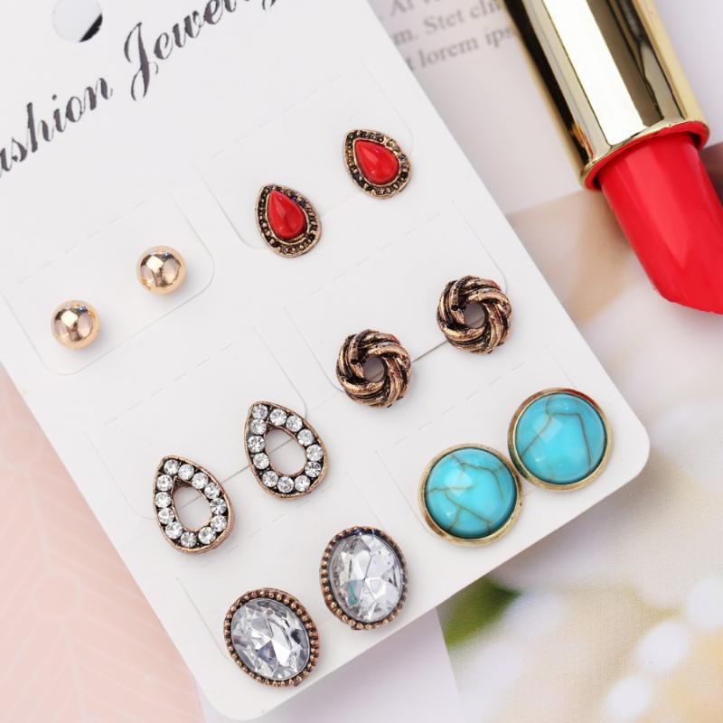 Stud Bohemian Vintage Earrings Set For Women Ethnic Style 6Pairs Oval Leaves Flowers Rhinestone Earring Gift-image-712014938