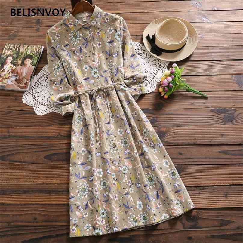 

4 Winter Autumn Spring Women Long Shirt Dress Turn-down Collar Floral Printed Sashes Mori Girl Corduroy Midi Chic 210520, Clear