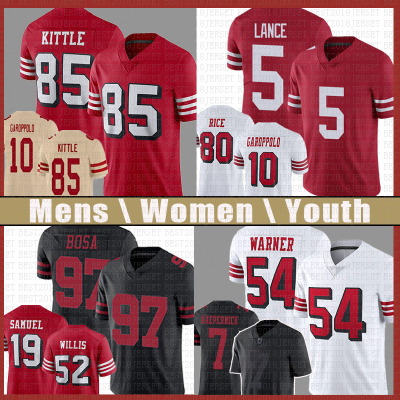 

Trey Lance 85 George Kittle Nick Bosa Football Jersey Fred Warner Deebo Samuel Jimmy Garoppolo Jerry Rice Colin Kaepernick Ronnie Lott Joe Montana Steve Young Aiyuk, Patch+mens jersey(49r)