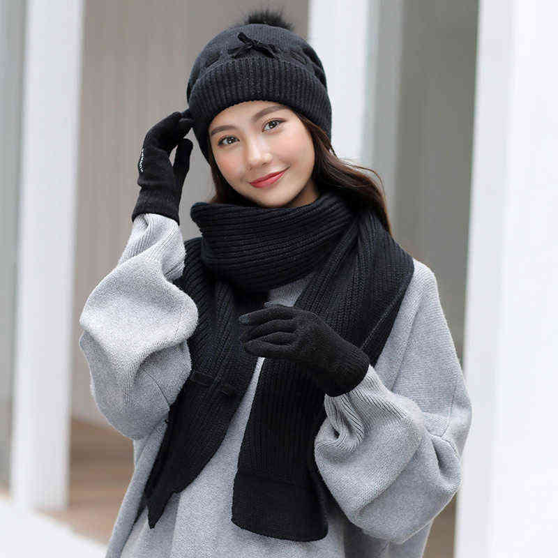 

2021 Women's Hat Autumn Winter Fashion Knit Ladies s Wool 3pcs Solid Color Warm Turtleneck Scarf Gloves Sets