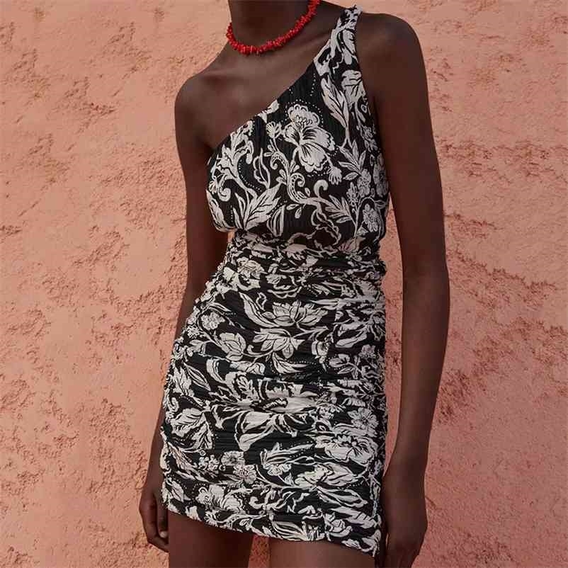 

Women summer slim Midi Dress Sexy One-shoulder strap mini dress Plus Size Robe Femme black print bodycon 210524
