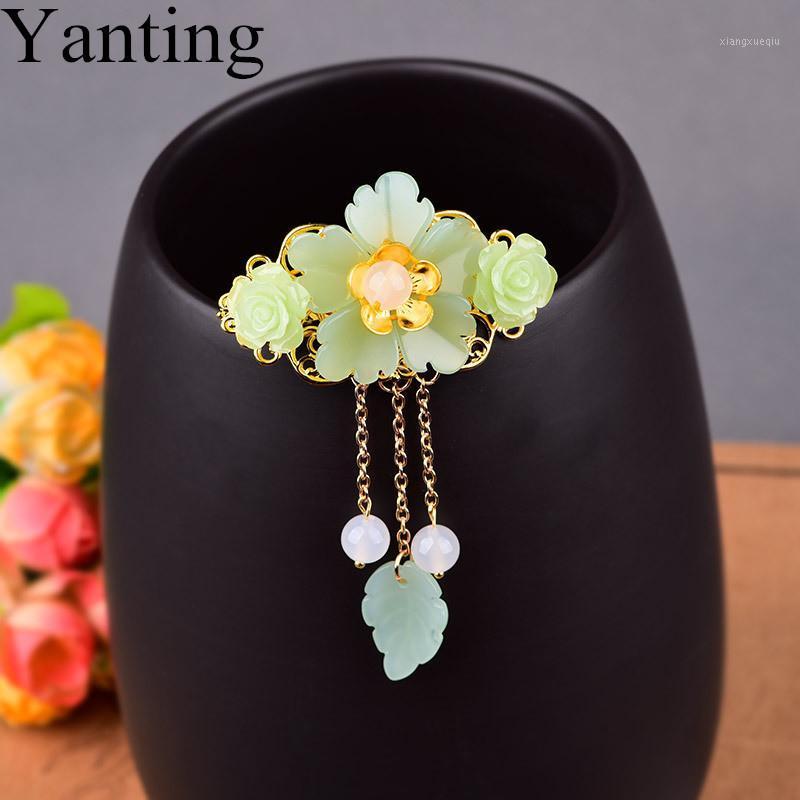 

Yanting Hair Clip Pin Glass Glazed Flower Leaf Natural Stones Clips Accessories Wedding Headwear Ethnic Barrettes 0161, Golden;silver