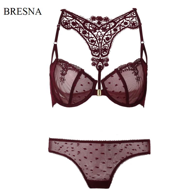 

Bras Sets Embroidery Lace Mesh Transparent Bra And Panty Front Closure Halter Backless Sexy Lingerie Set Underwear Women, Black