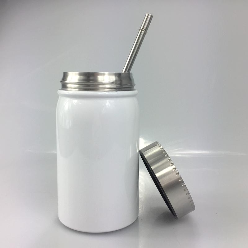 

500ml/17oz Sublimation Mason Jar cup Stainless Steel Coffee Mug Portable Heat Insulation Tumbler Dust-proof Bottle with Metal Lid & Straw, White