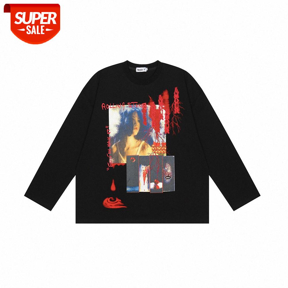 

Funeral character printed long-sleeved T-shirt men's loose round neck top lazy style pullover bottoming shirt #wN7p, White;black