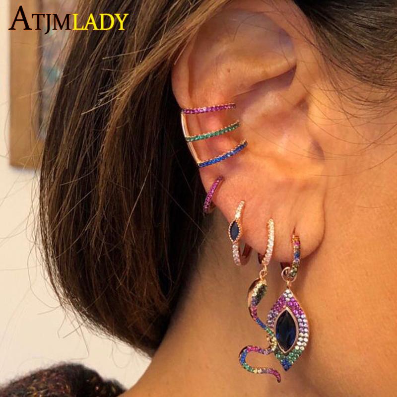 Stud Rose Gold Color Snake Geometric Earring Paved Rainbow Colorful Cz Zirconia Fashion Trendy Women Delicate Charming Jewelry-image-710841739