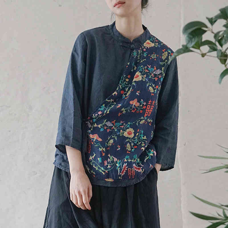 

Johnature Women Chinese Style Shirts Patchwork Color Blouses Ramie Stand Seven Sleeve Tops Spring Vintage Loose Shirts 210521, Blue