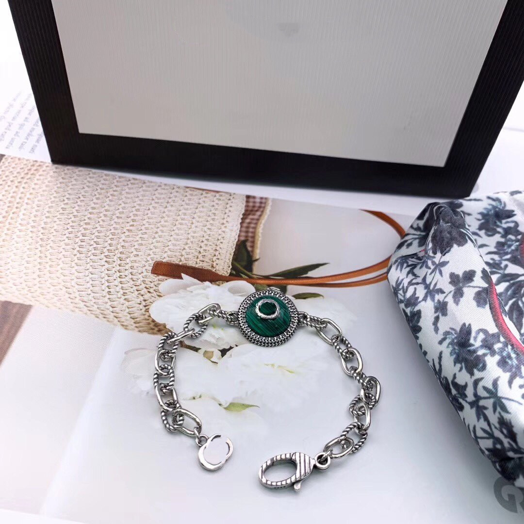 

G Top S925 Sterling Silver Bracelet Fashion Bracelets Charm Serpentine Malachite Bracelet Simple and Elegant Unisex Fashion Retro Bracelet, Golden;silver
