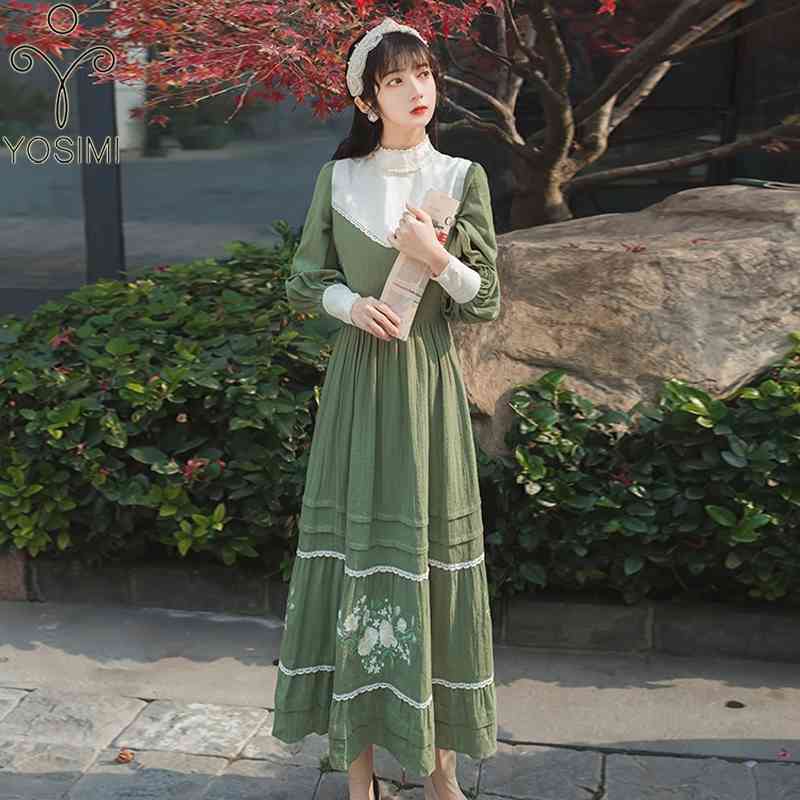 

YOSIMI Cotton Women Dress Prairie Chic Autumn Maxi Floral Embroidery Stand-neck Full Sleeve Ankle-length Green Long 210604