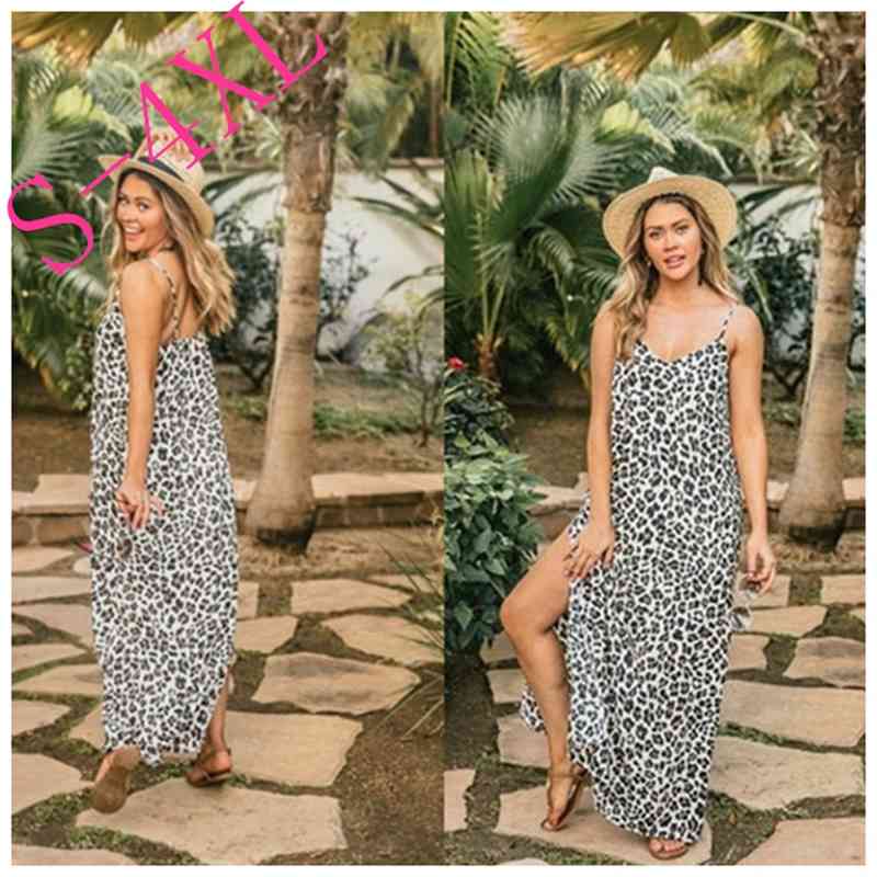Women&#039;s printed leopard drawstring long split dress-image-699851108