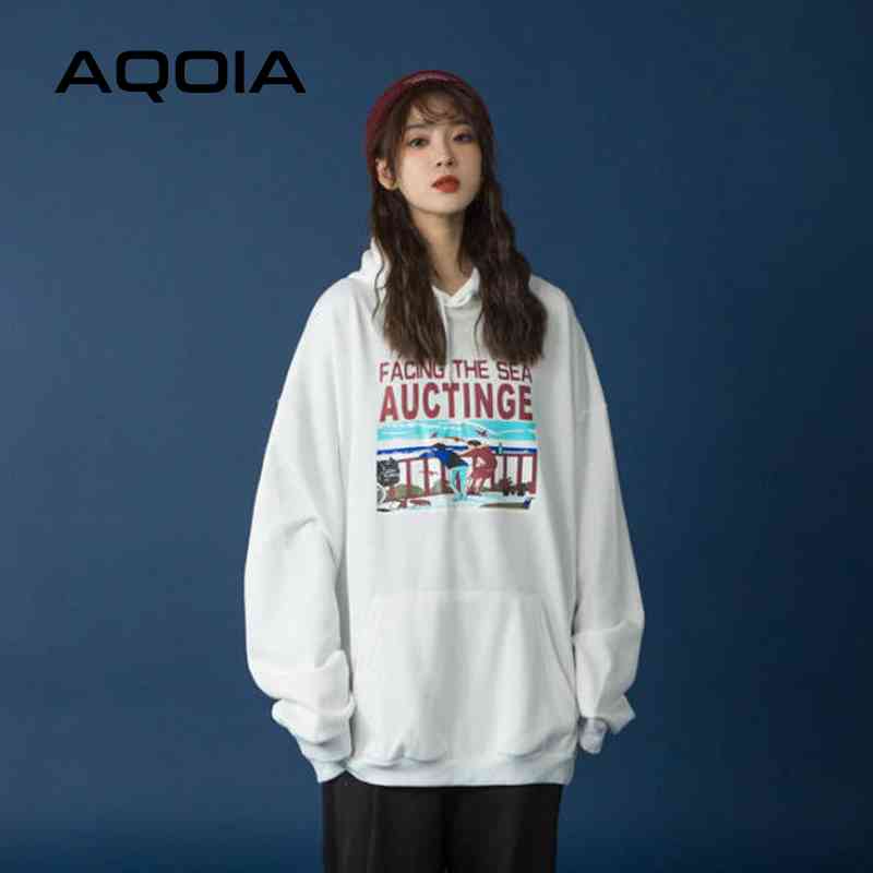 

AQOIA Autumn Boyfriend style Letter Printing Loose Cotton Women's Hoodies thin Sweatshirt Pockets sweatshirt oversize 210521, White