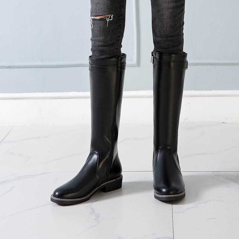 

Winter Mid-Heeled Boots Low-Heeled Side Zippered Thick Heels Buckled Flat-Bottomed Classic Leather Knee-High Boot, Black