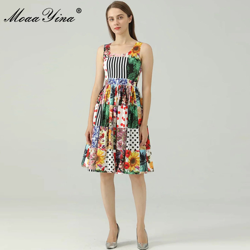 

Designer Summer Vacation Dress Women's Fashion Matching Flower Print Sleeveless Bohemia Party Knee-Length 210524, Multi