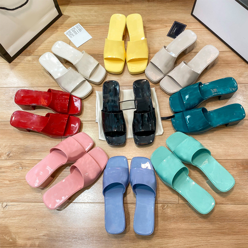

Candy Color Jelly Platform Slides Women Shoes Summer Square Open Toe Block Heels Mules Outdoor Beach Dress sandals Thick Sole, White