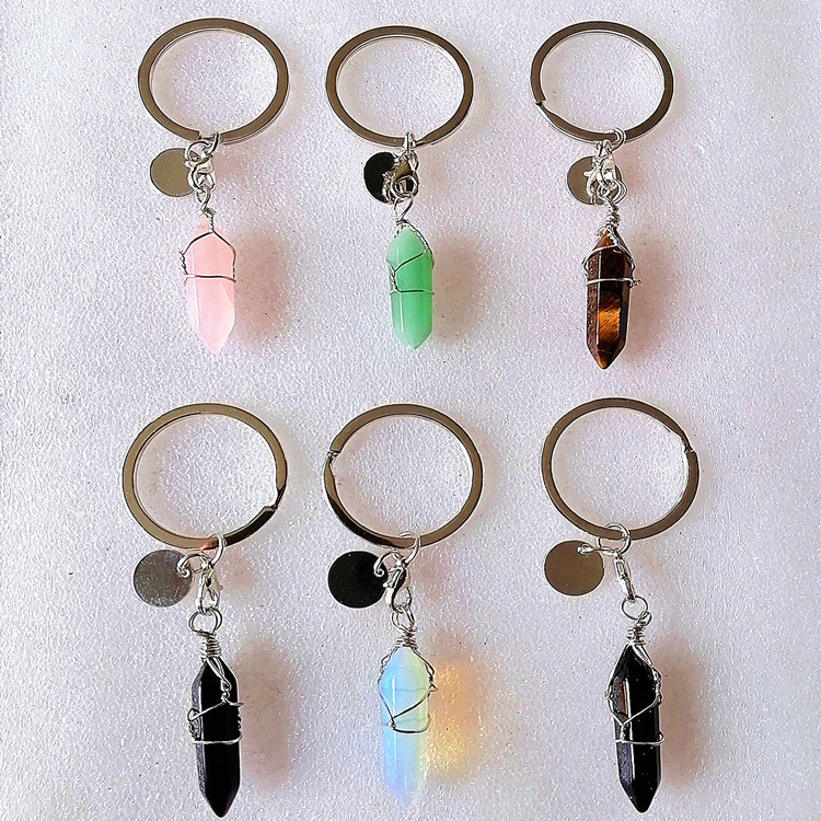 

Wire Wrap Hexagon Prism Reiki Healing Natural Stone Keychains Chakra Amethyst Pink Rose Crystal Key rings Keyrings Women Men Jewelry