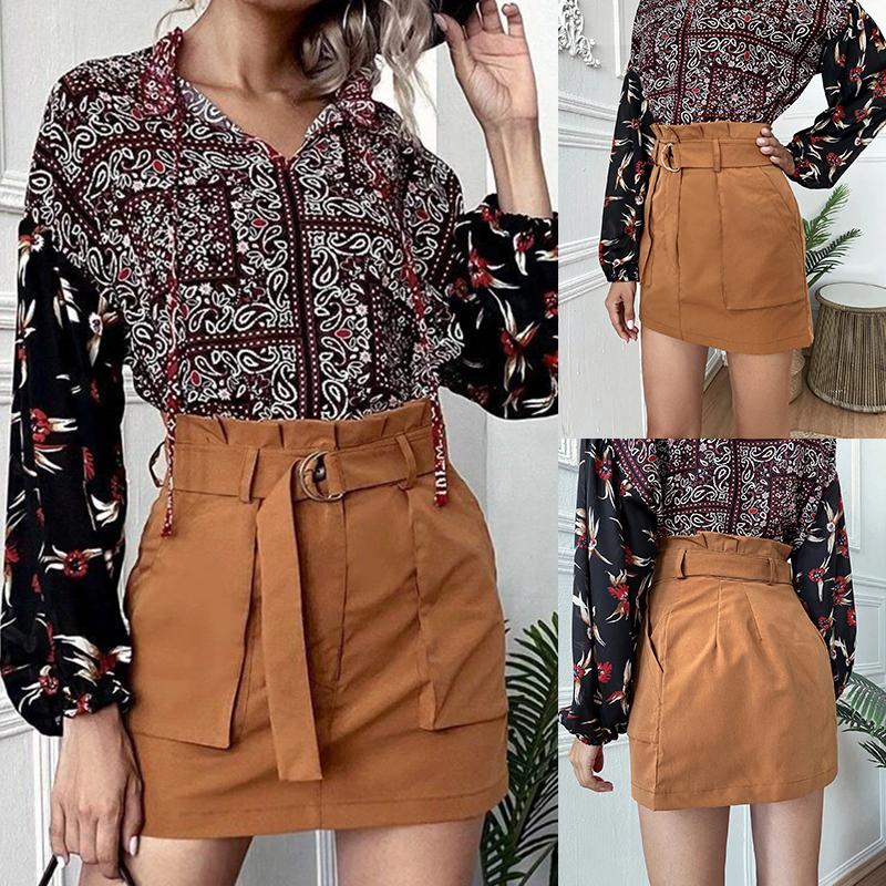 

Skirts Fashion Casual Solid Color Pocket Sashes Women Mini Skirt Wrap Summer Womens 2021, Brown
