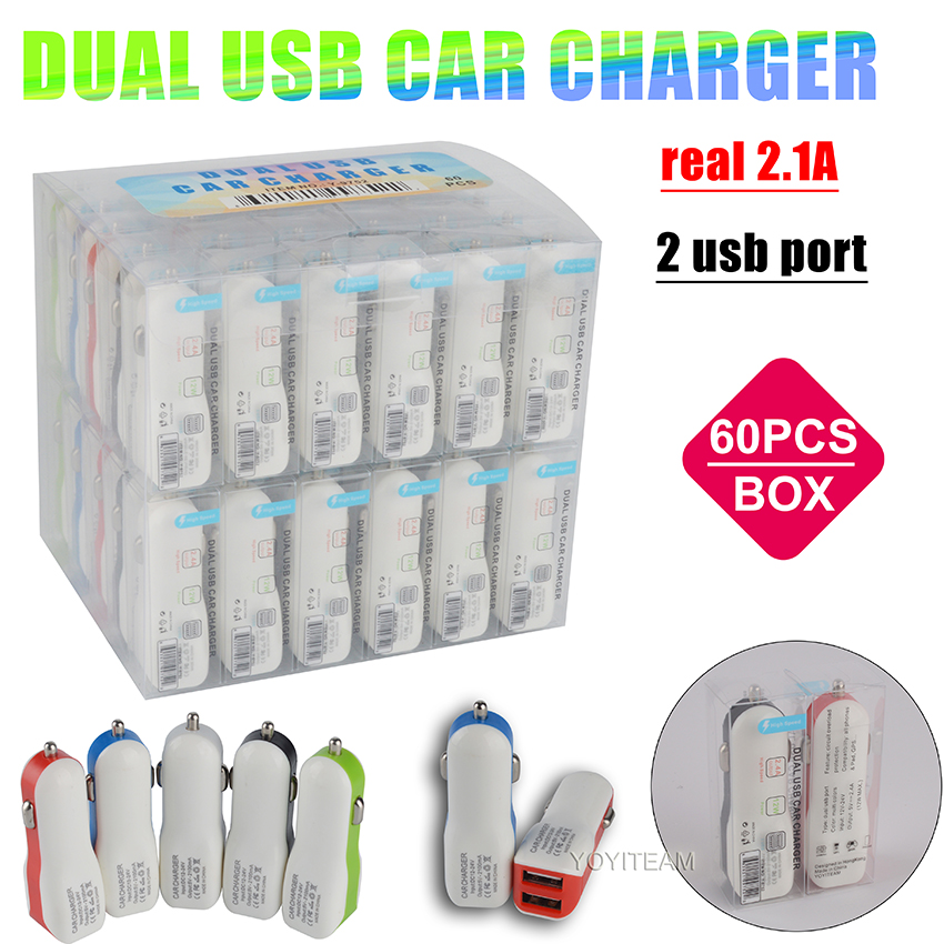 

2100mA dual usb car charger two usb colorful stripe charger 2.1A car charger works with GPS all mobile phone with pvc box and upc barcode