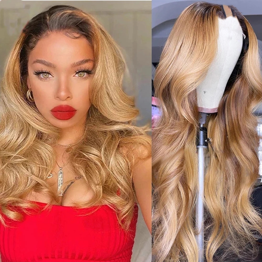 

Glueless Ombre Honey Blonde Wavy U Part Wig Human Hair Peruvian Remy 250density 30inches Glueless Full Machine Half Wigs, As picture color