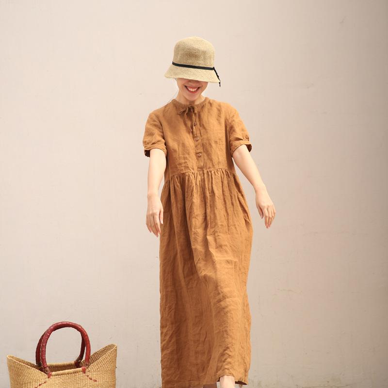 

Party Dresses Summer Round Neck Lace Up Short Sleeve Yellow Pure Linen Loose Long High Waist Dress With Earthy Fragrance 2021020, Khaki
