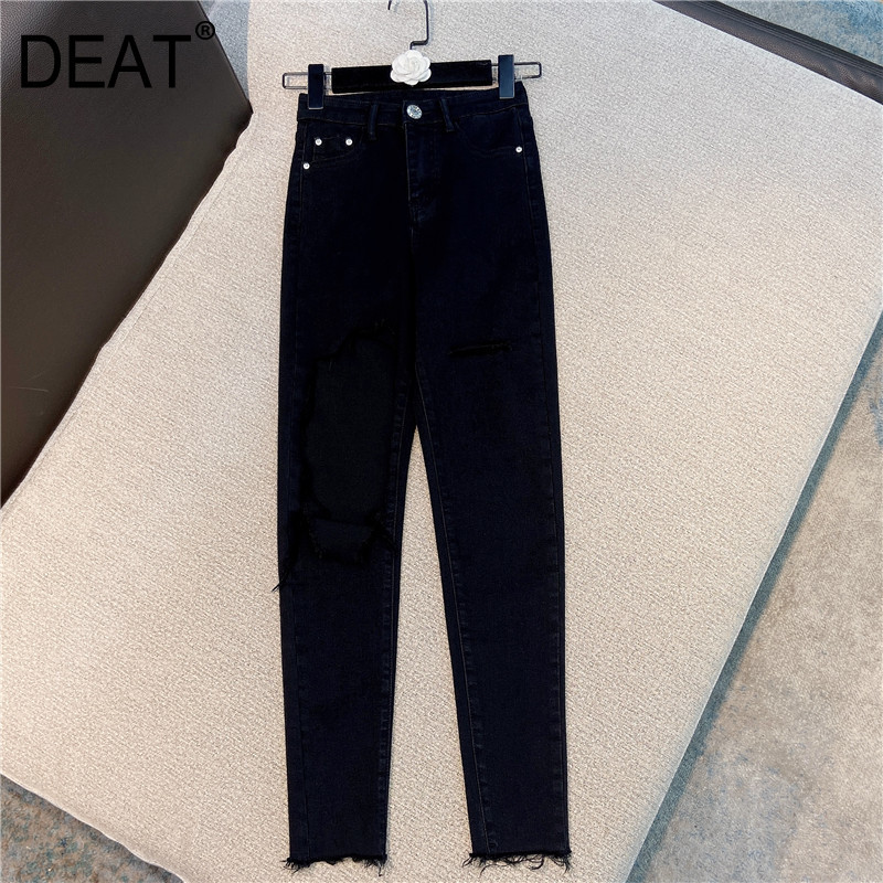 

Women Black Burrs Personality Hollow Out Slim Denim Pants Arrivals Fashion Temperament Spring Summer 11D465 210525