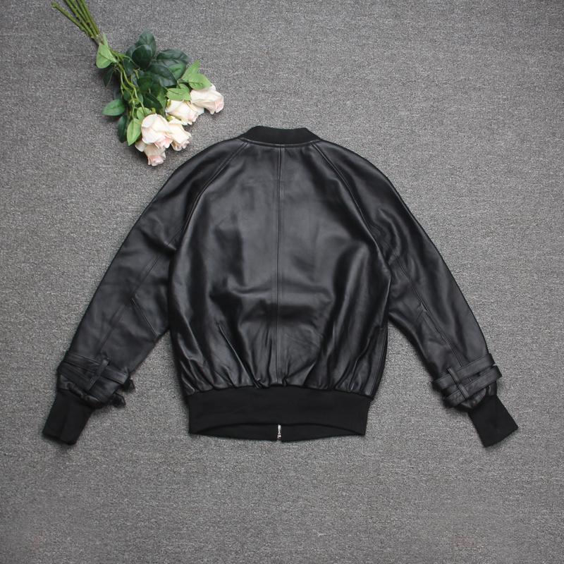 

Women's Leather & Faux Spring Womens 2022 O-Neck Zippers Pockets Black Slim Sheepskin Jackets High Street Office Lady Fashion Elegant Casual