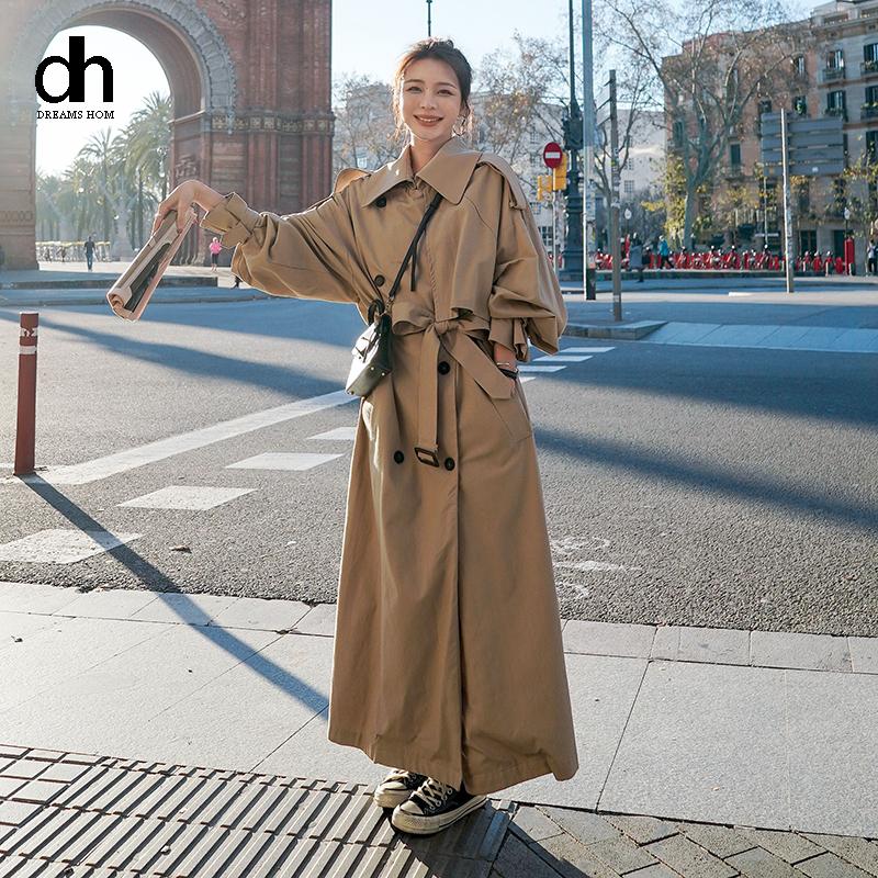 

Women's Trench Coats DH Korean Style Loose Oversized Coat Spring Fall Outerwear Grey Double-Breasted Belted Lady Cloak Windbreaker, Tan;black