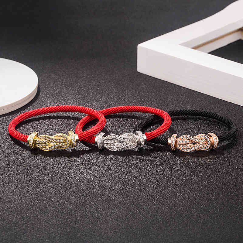 Bangles Bracelet Benmingnian Minority Design S925 Sterling Silver Horseshoe Buckle Female Couple Woven Red 8-character Rope Net