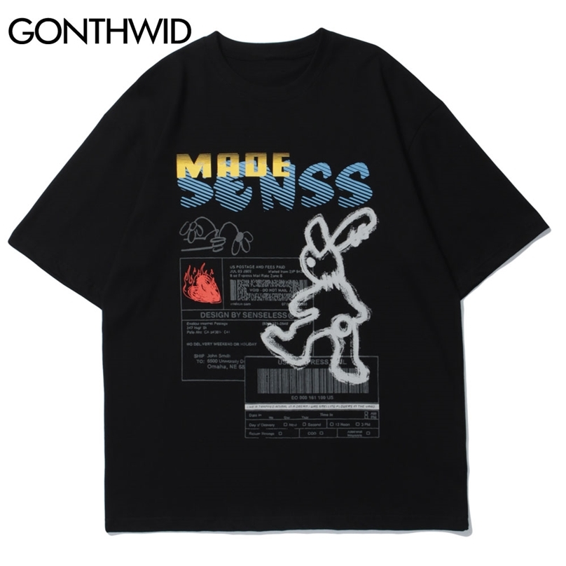 

Tshirts Streetwear Graffiti Rabbit Print Tees Shirts Harajuku Hip Hop Casual Punk Rock Gothic Short Sleeve Cotton Tops 210602, Black