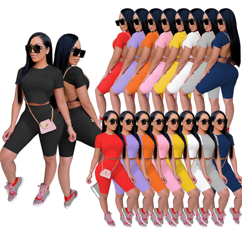 

Women tracksuits summer clothes solid color two pieces set jogger suits short sleeve backless T-shirts+shorts pants plus size 2XL outfits sexy night club wear 4701, Orange