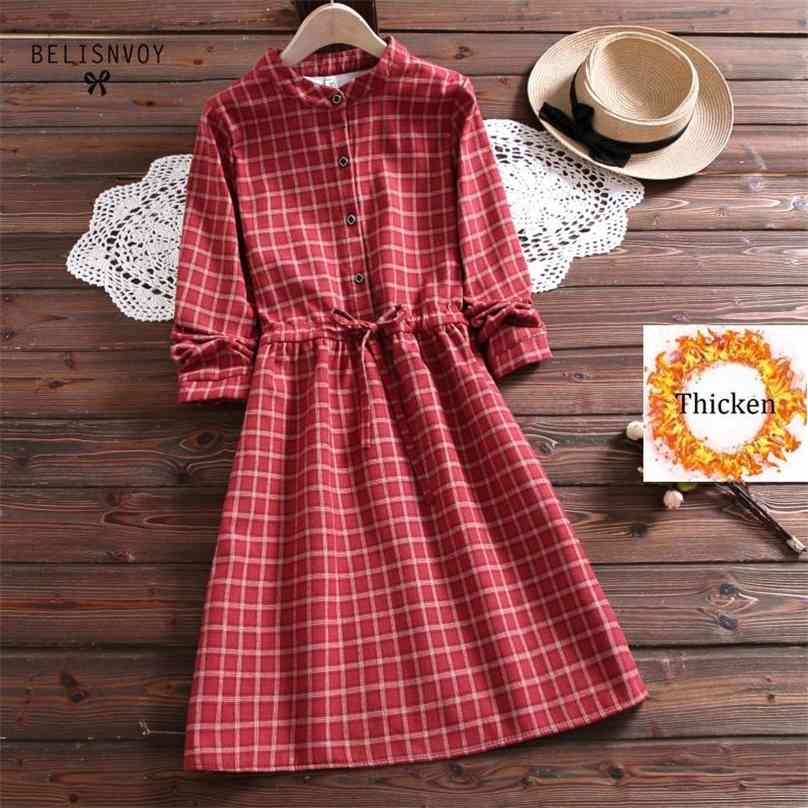 

Thicken Spring Women Clothing Print Dresses Turn-down Collar Casual A Line Corduroy Fashion Female Slim 210520, Photo color 2