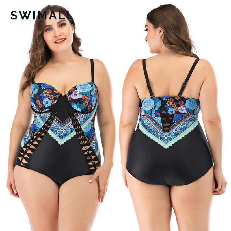 

Swimall Plus Size Solid Print Strappy One Piece Swimsuit Large Sexy Women Monokini Bathing Suits 2021 Beach Swimwear One-Piece