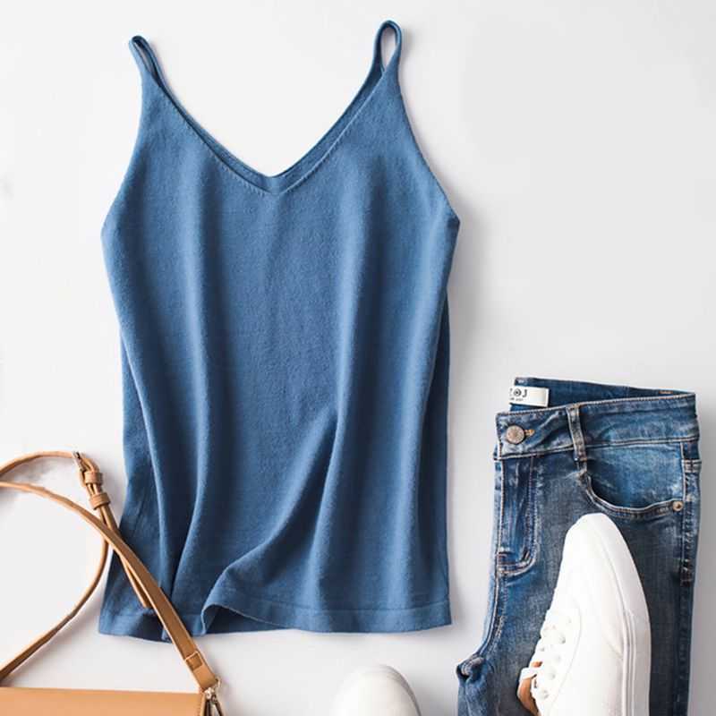 

Knitted Sexy V-neck Tank Tops Women Casual Sleeveless Strap Slim Summer Camis ly Camisole W16 210526, Caramel color