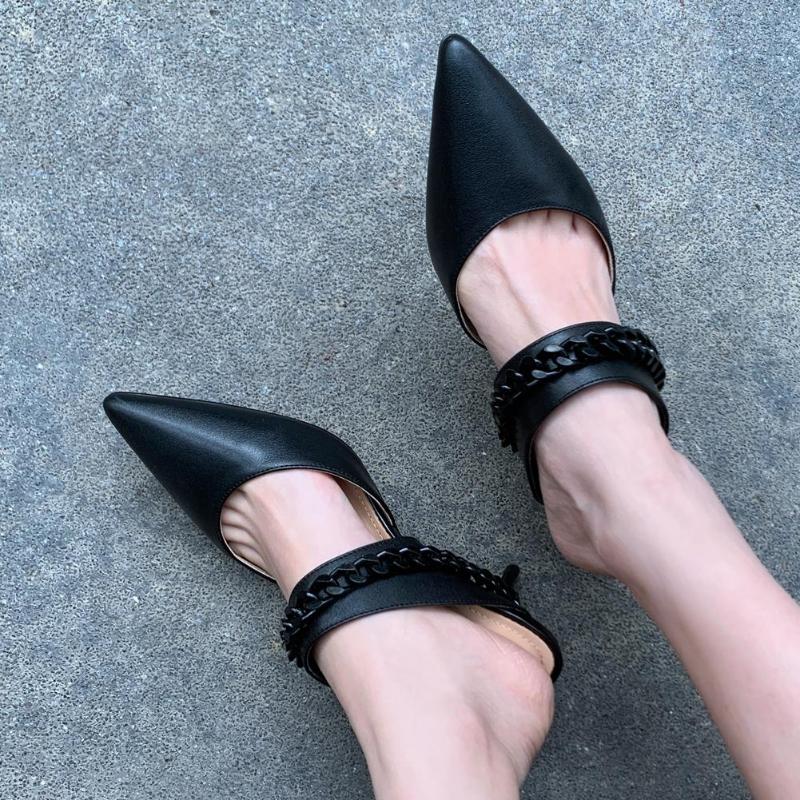 

Dress Shoes Lapolaka Design Genuine Leather Pointed Toe Elegant Chains Slip On Mules Pumps Sandal Kitten Heels Woman, Beige