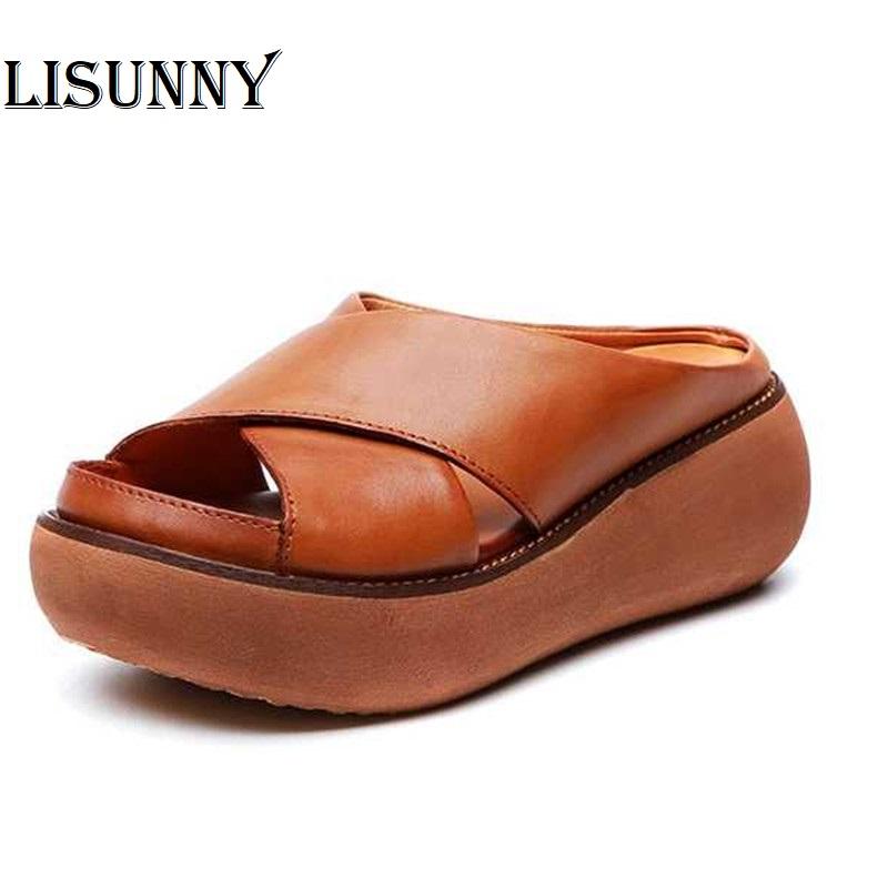 

Slippers Women 2021 Retro Sandals 100% Natural Genuine Leather Platform Casual Wedge Summer Shoes For, Black