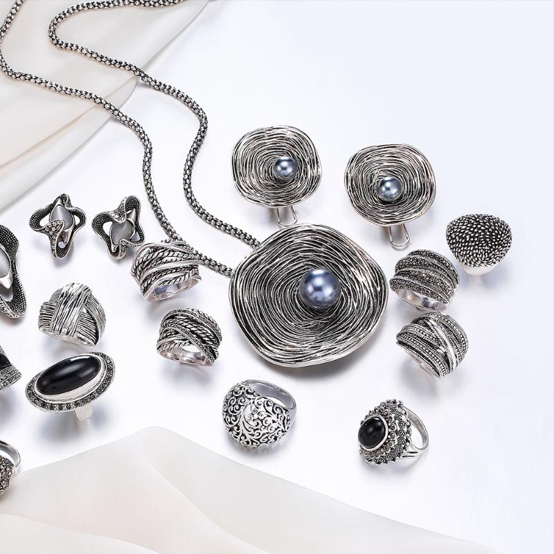 

Cluster Rings Mytys Antique Collection Vintage For Women Oxide Silver Retro Fashion