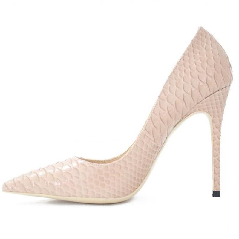 

Stylish Snakeskin Pointed Toe Women Pumps Beige Python Printed Leather 12cm Stiletto Heels Dress Shoes Slip-on Party, As picture
