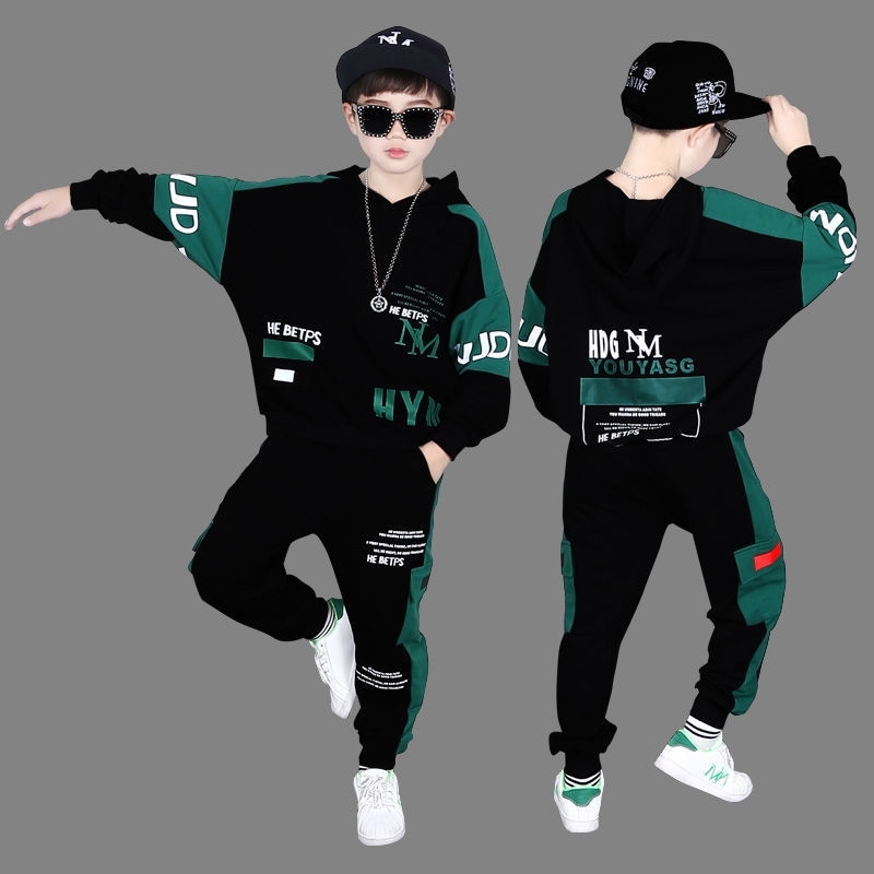 

2021 new boys' Autumn hooded contrast color sweater overalls two-piece suit middle school children's long sleeve fashion