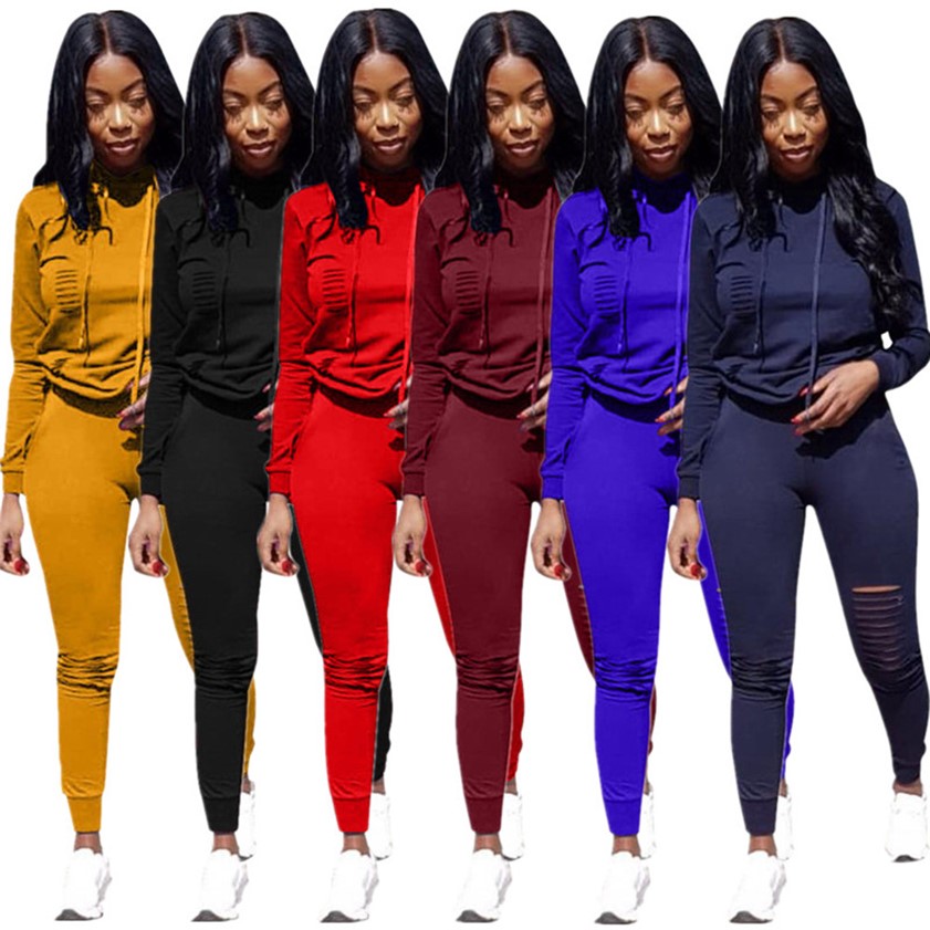 

Plus Size Women Sweatsuits Two Piece Sets Ripped Tracksuits Hooded Hoodie Pants Long Sleeve Outfits Solid Color Jogger Suits -3XL Casual Sportswear 5628, Burgundy