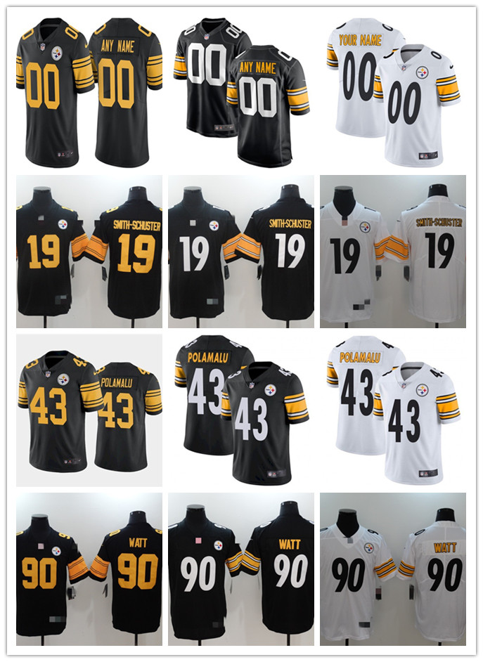 

Mens Womens Youth Pittsburgh Steelers 19 JuJu Smith-Schuster 90 T.J. Watt 43 Troy Polamalu Custom Black White Football Jerseys, Black;red