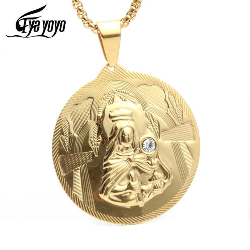 

Pendant Necklaces Eyeyoyo Men Golden Mary Mother Of Jesus Round Medallion CZ Necklace Stainless Steel Virgin Jewelry