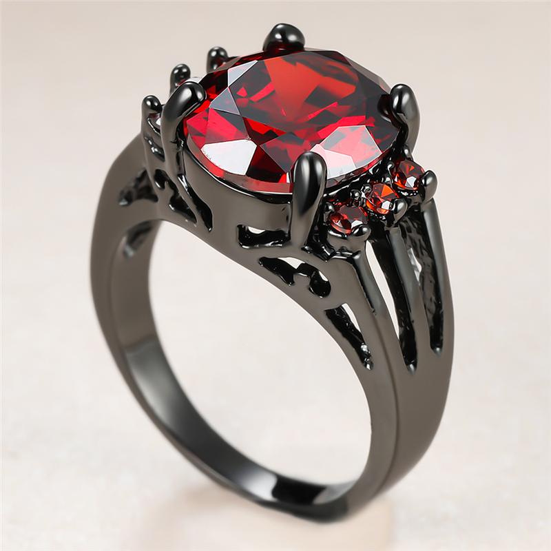 Wedding Rings Classic Female Red Crystal Stone Ring Charm 14KT Black Gold For Women Vintage Bride Round Zircon Engagement-image-711451536