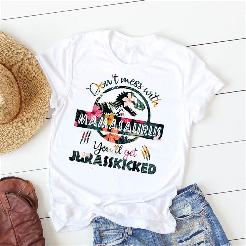 

dinosaur mama printed short sleeve women t shirts loose tee clothes graphic, White