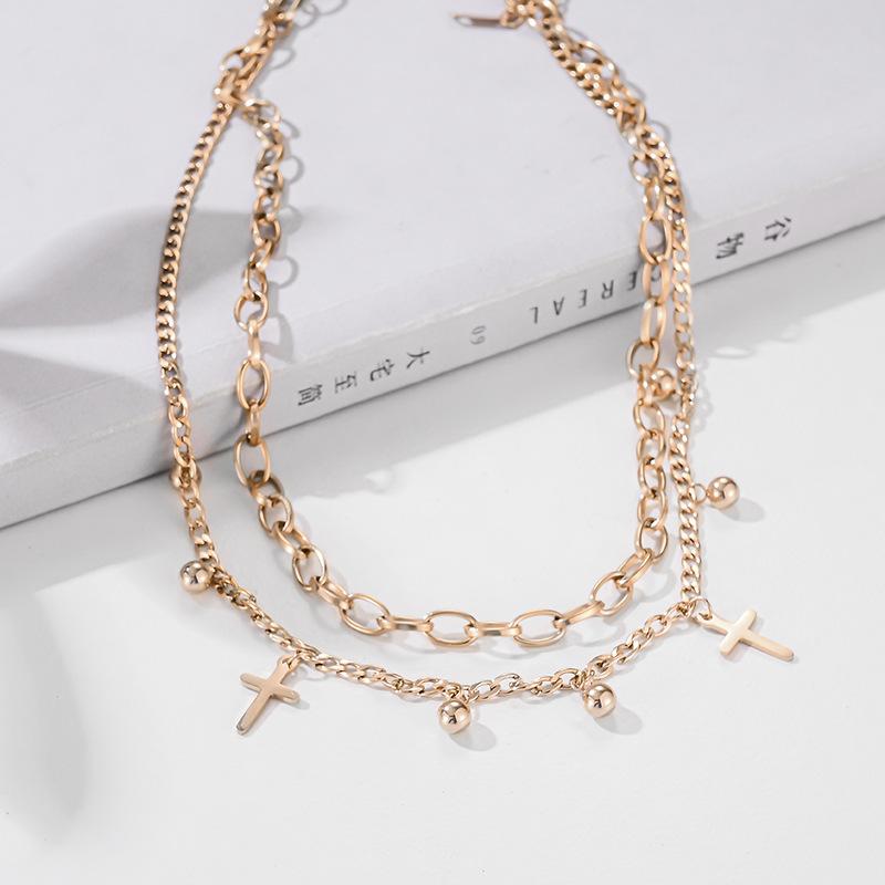

Chains Necklace Hip Hop Cool Pendant Light Luxury Rose Gold Double Layer Clavicle Chain Necklaces For Women Cross, Silver