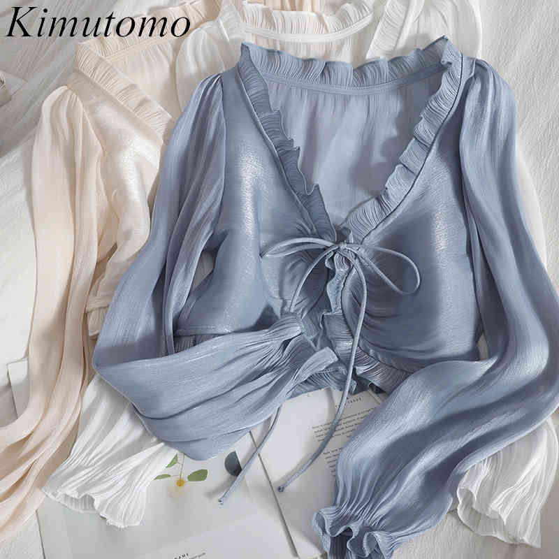 

Kimutomo Fashion Fungus Blouse Women V-neck Lace Up Cardigan Shirt Spring Summer Solid Thin Short Top Elegant 210521, White
