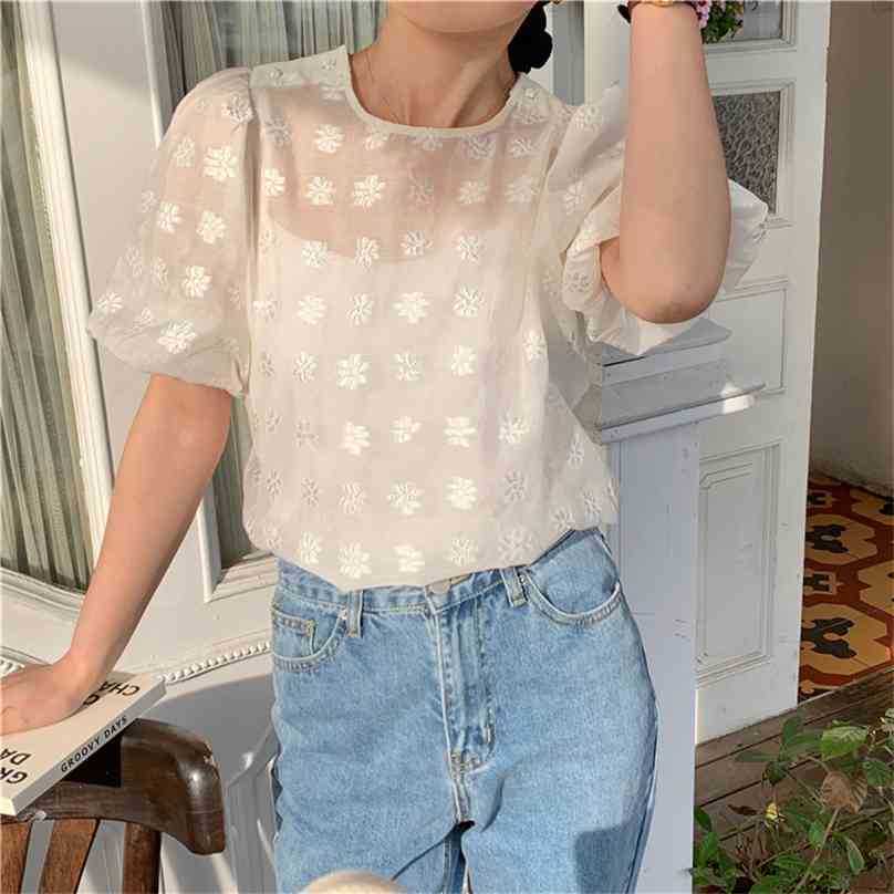 

Summer Embroidery Retro Gentle Blouses Tops Streetwear Office Lady Casual Chic All Match Stylish Short Shirts 210525, White