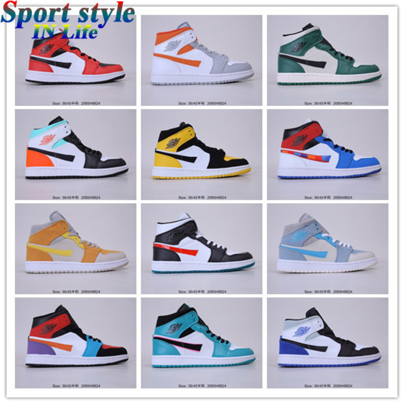 

New 1S high top board Basketball 1 shoes man women patent leather fluorescent green Beika blue black red paint finish lard buckle